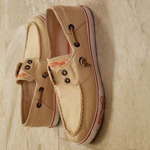 EUC Vintage Ed Hardy Del Mar Tan Canvas Slip-on Boat Shoes Ladies Size 9